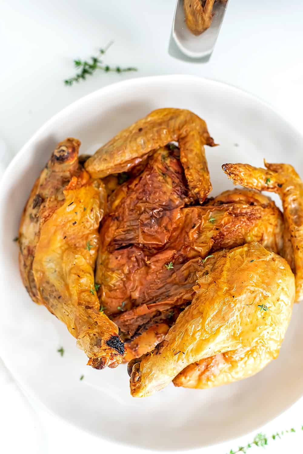 Spatchcock chicken on white plate.