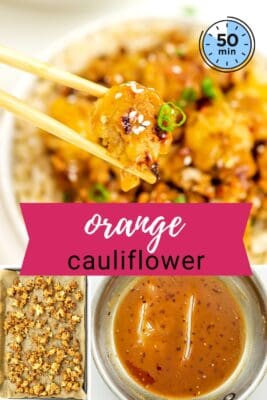 Chopsticks holding baked orange cauliflower