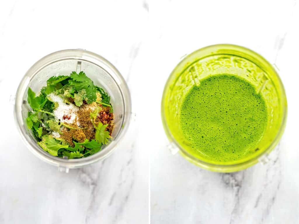 Blender with cilantro lime dressing ingredients before and after blending.