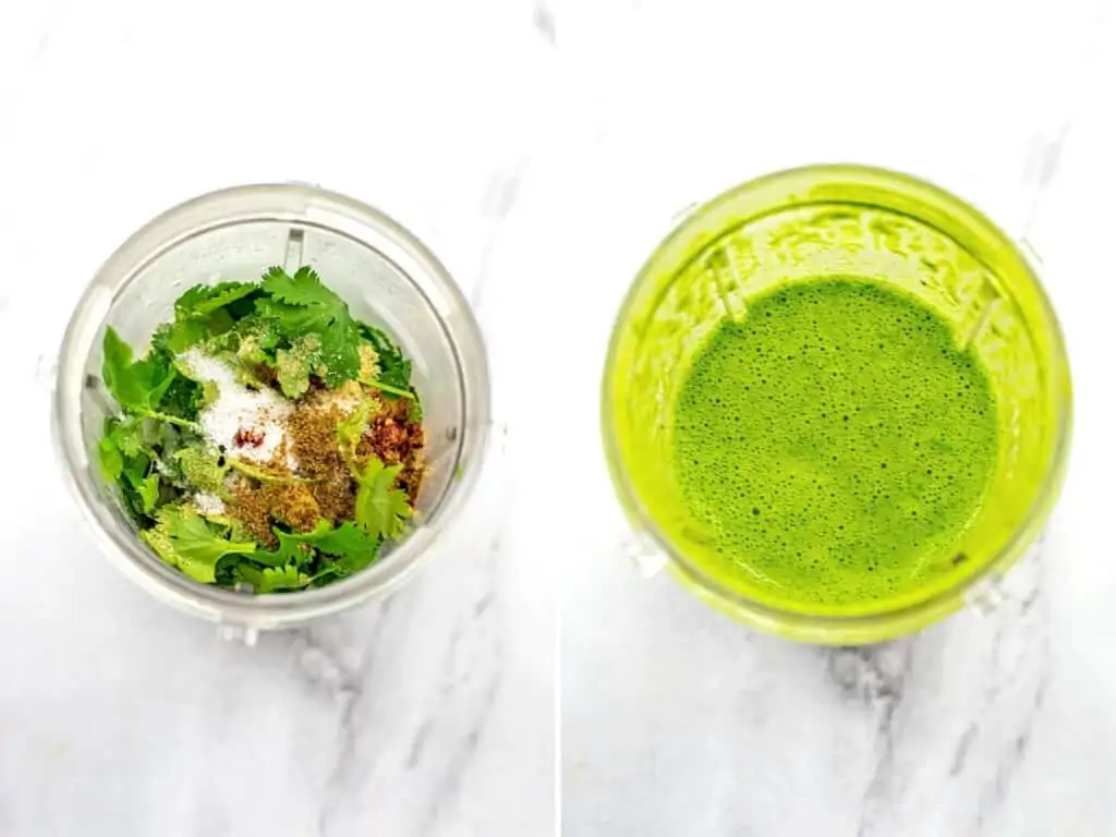 Blender with cilantro lime dressing ingredients before and after blending.