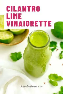 Glass bottle filled with cilantro lime vinaigrette.
