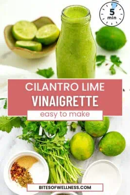 Glass bottle filled with cilantro lime vinaigrette.