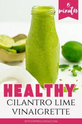 Glass bottle filled with cilantro lime vinaigrette.