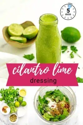 Glass bottle filled with cilantro lime vinaigrette.