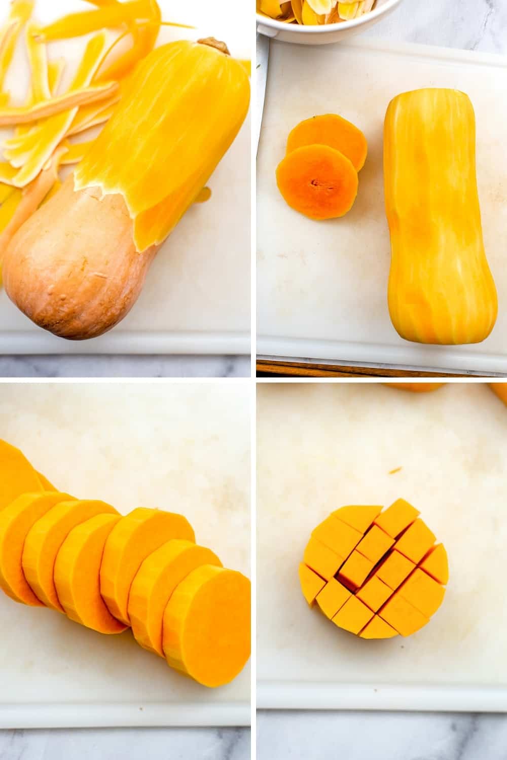 Steps on how to cube a butternut squash.