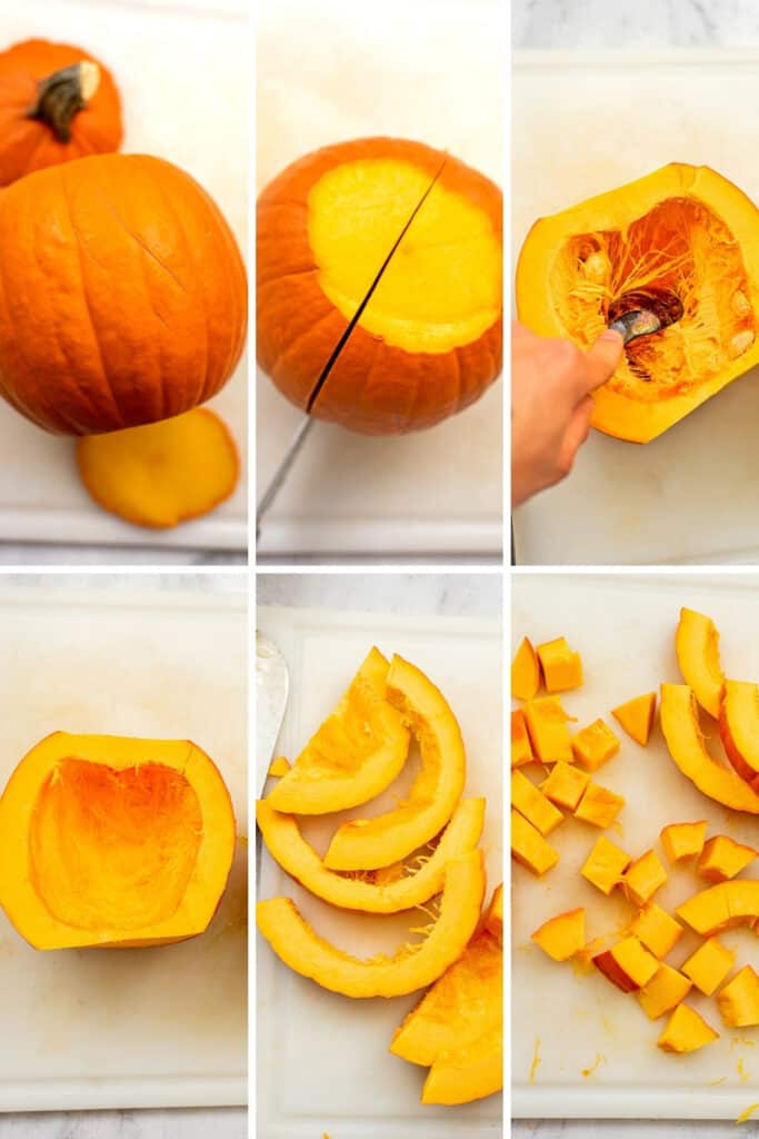 Steps on how o cut a pumpkin into cubes.