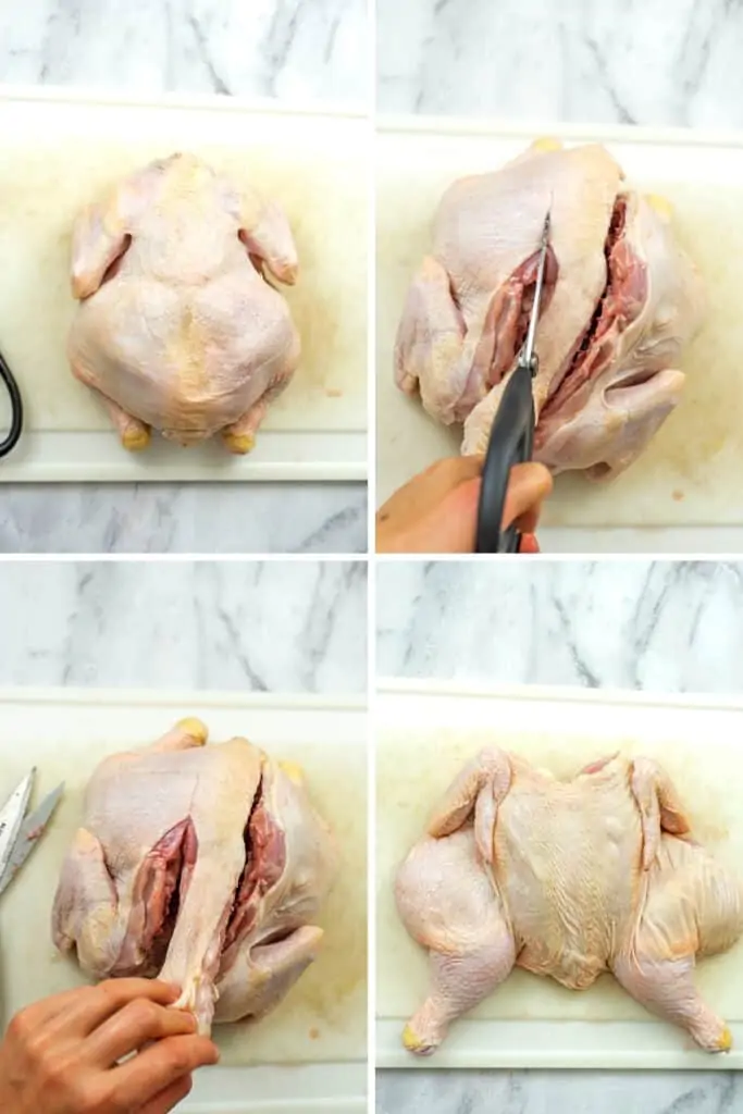 Steps on how to spatchcock a chicken.