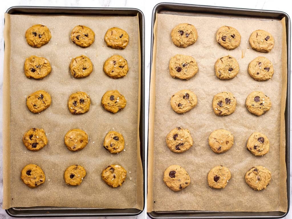 Before and after baking chickpea peanut butter cookies.