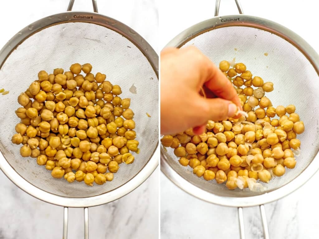Rinsing chickpeas and discarding skins from chickpeas.