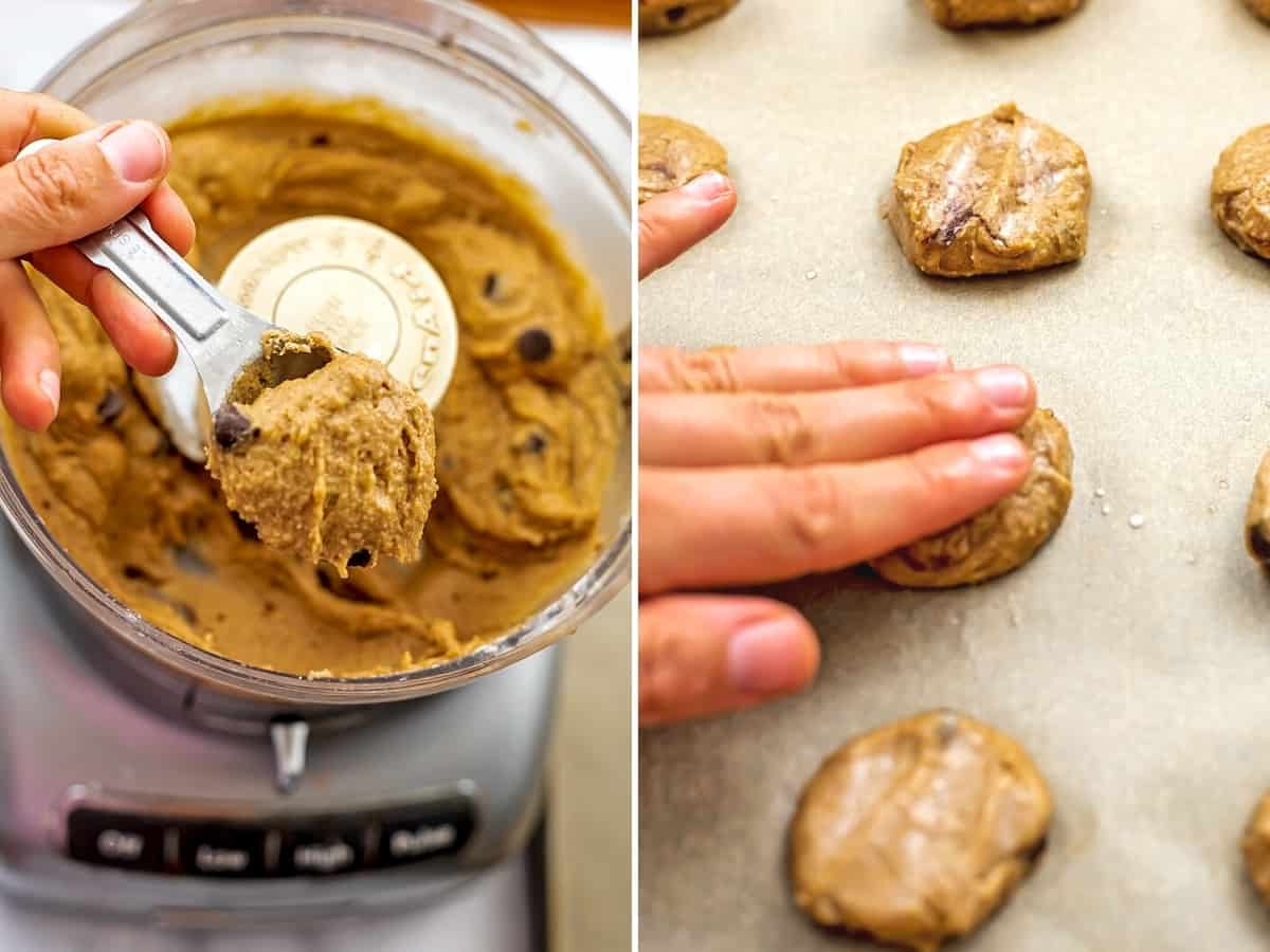 Scooping dough from food processor and pressing down on baking sheet.