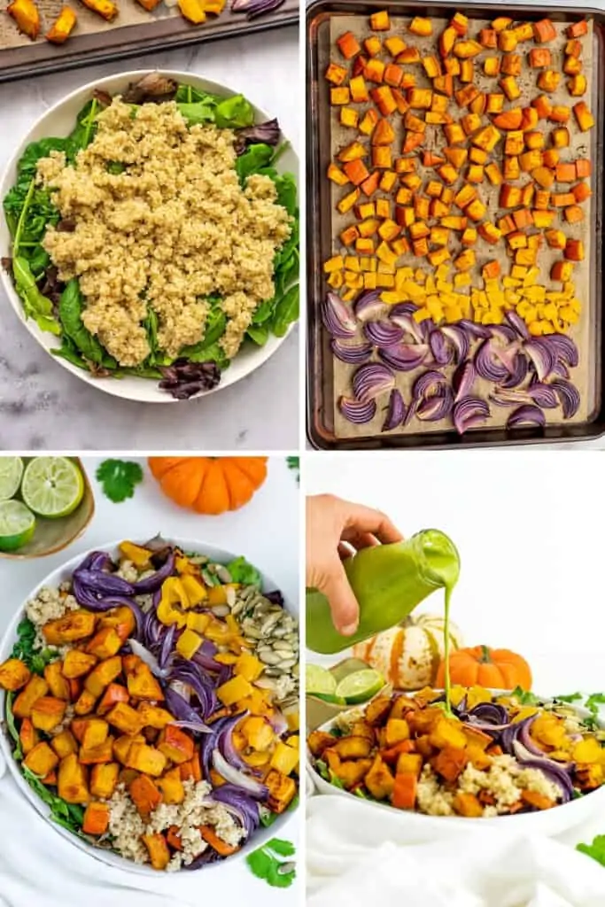 Steps on how to make roasted pumpkin quinoa salad.