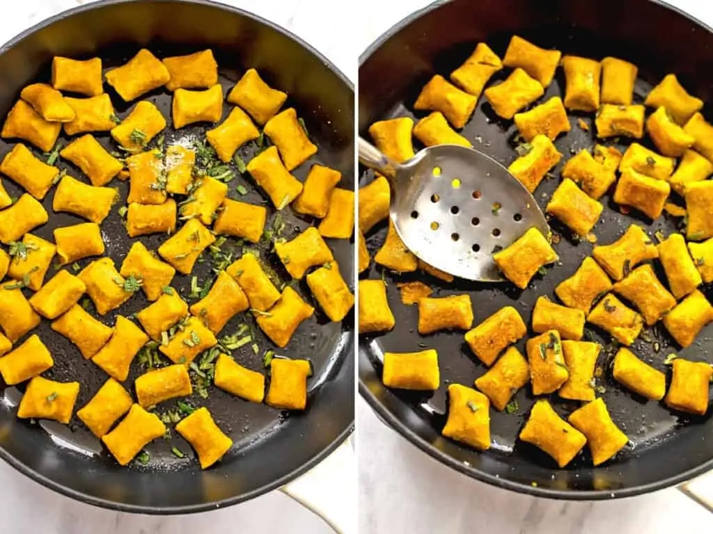 Before and after sauteing the gnocchi in pan.