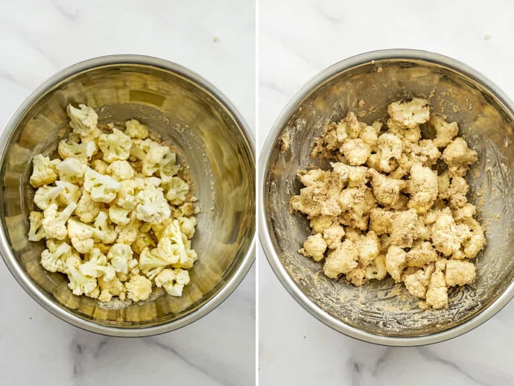 Cauliflower florets before and after mixing in batter.