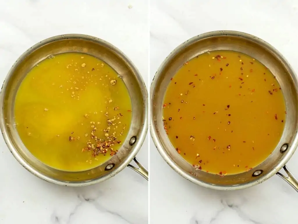 Orange sauce before and after stirring.