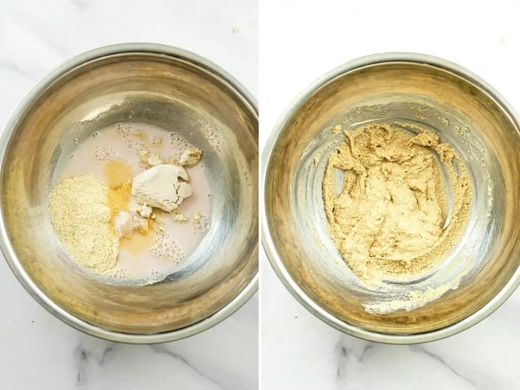 Batter for crispy cauiflower before and after stirring.