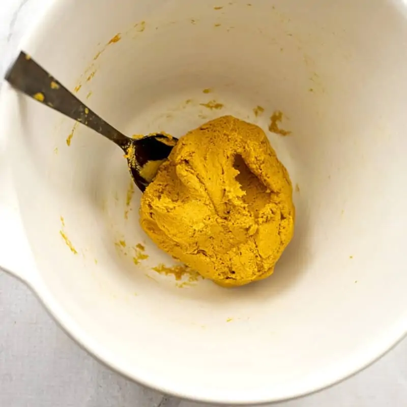 Pumkin gnocchi dough after mixing ingredients.