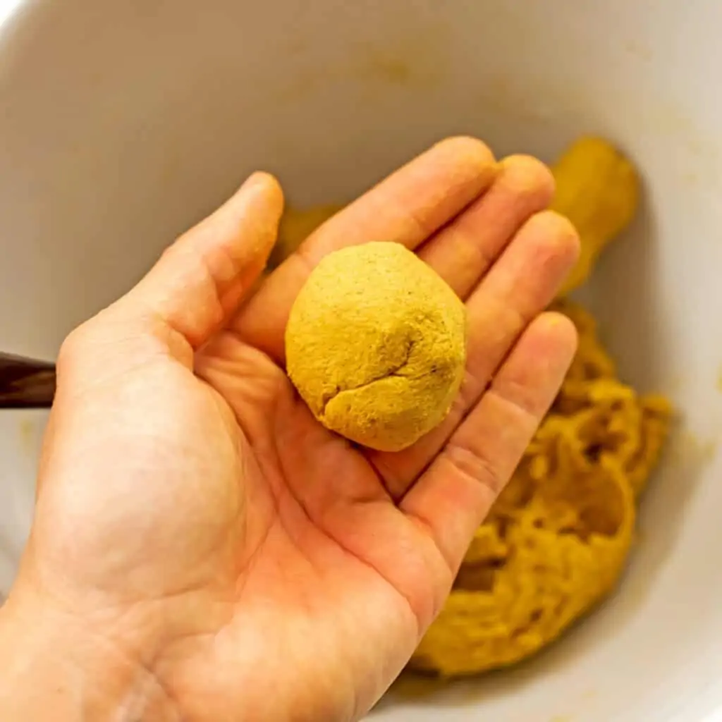 Hand holding dough in a ball to show texture of dough when ready to make gnocchi.