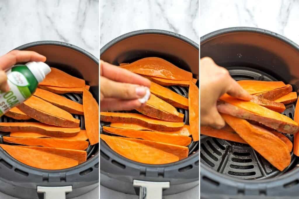 Steps on how to prepare sweet potato wedges for air frying.