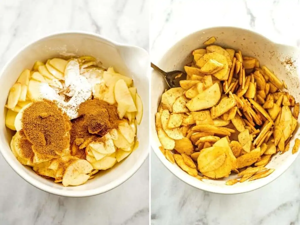 Sliced apples with spices before and after stirring apples.