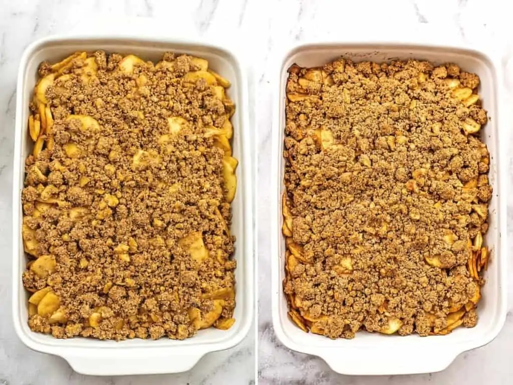 Before and after cooking apple crumble in oven.