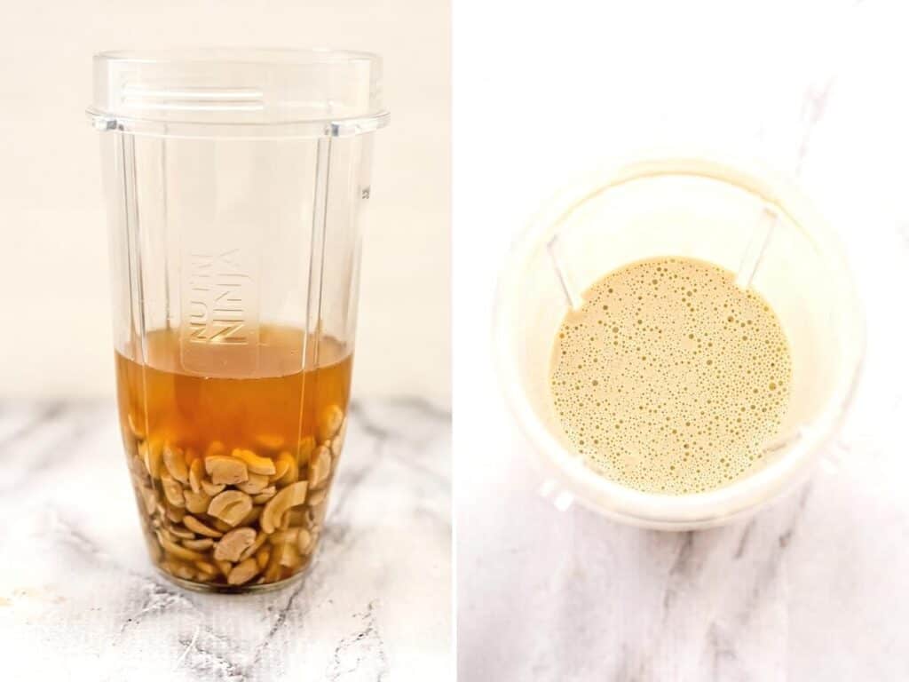 Before and after blending cashew cream in blender cup.