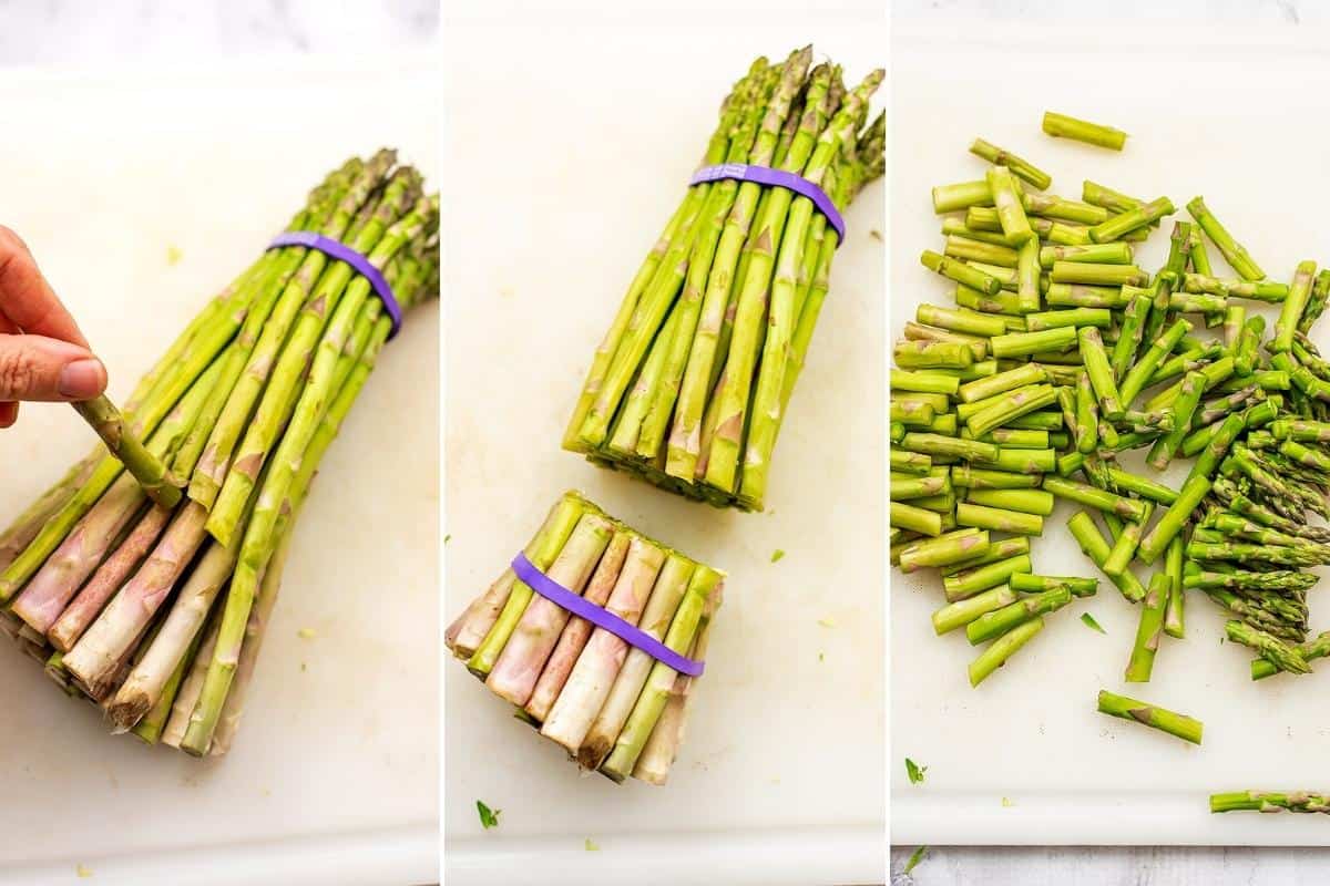 Steps on how to cut asparagus.