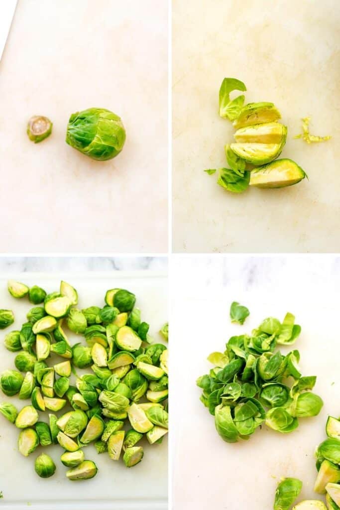 Steps on how to cut brussel sprouts.