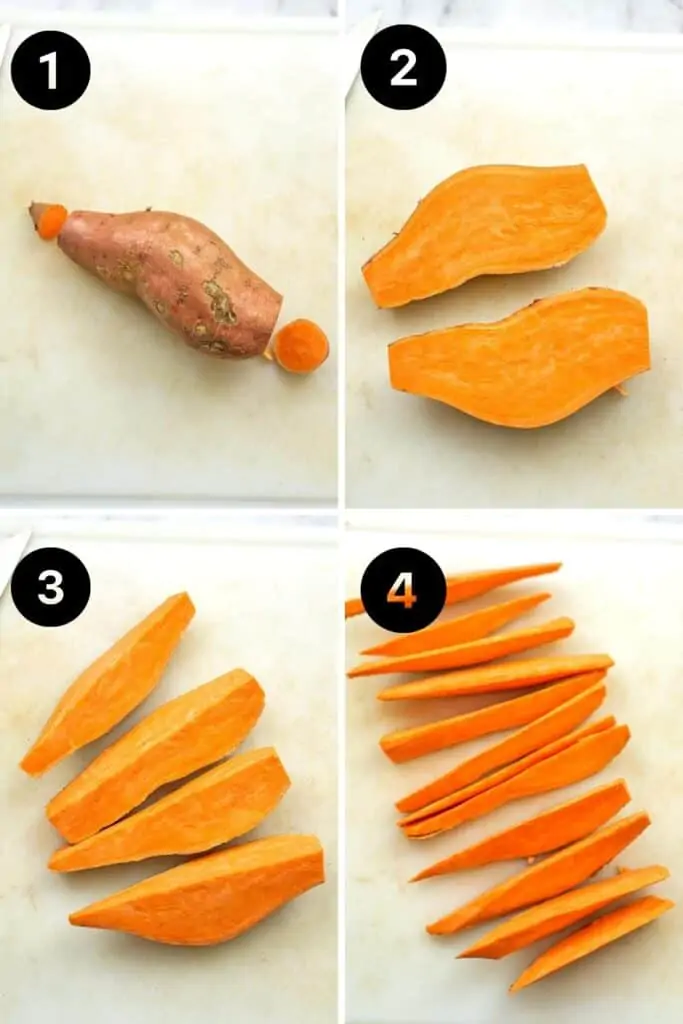 Steps on how to cut a sweet potato into wedges.