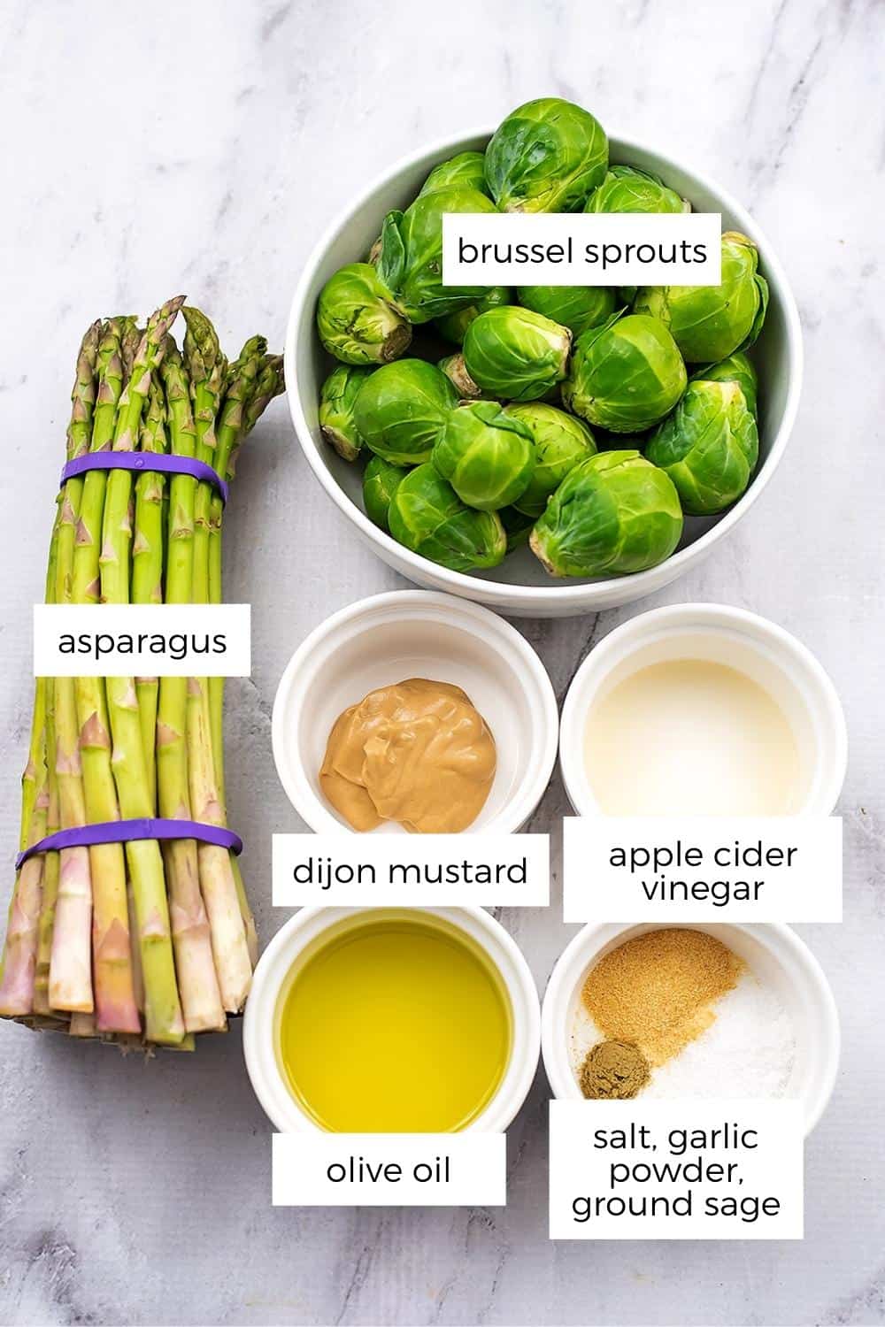 Roasted asparagus and brussel sprouts ingredients.