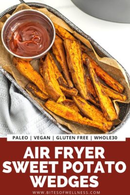 Basket filled with air fryer sweet potato wedges and ketchup.