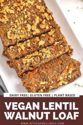 Sliced vegan meatloaf on a white plate.