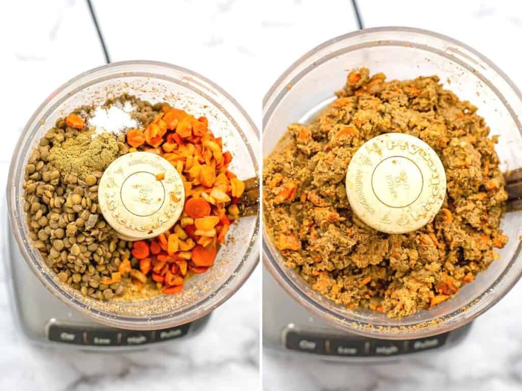 Before and after pulsing lentil loaf ingredients in food processor.