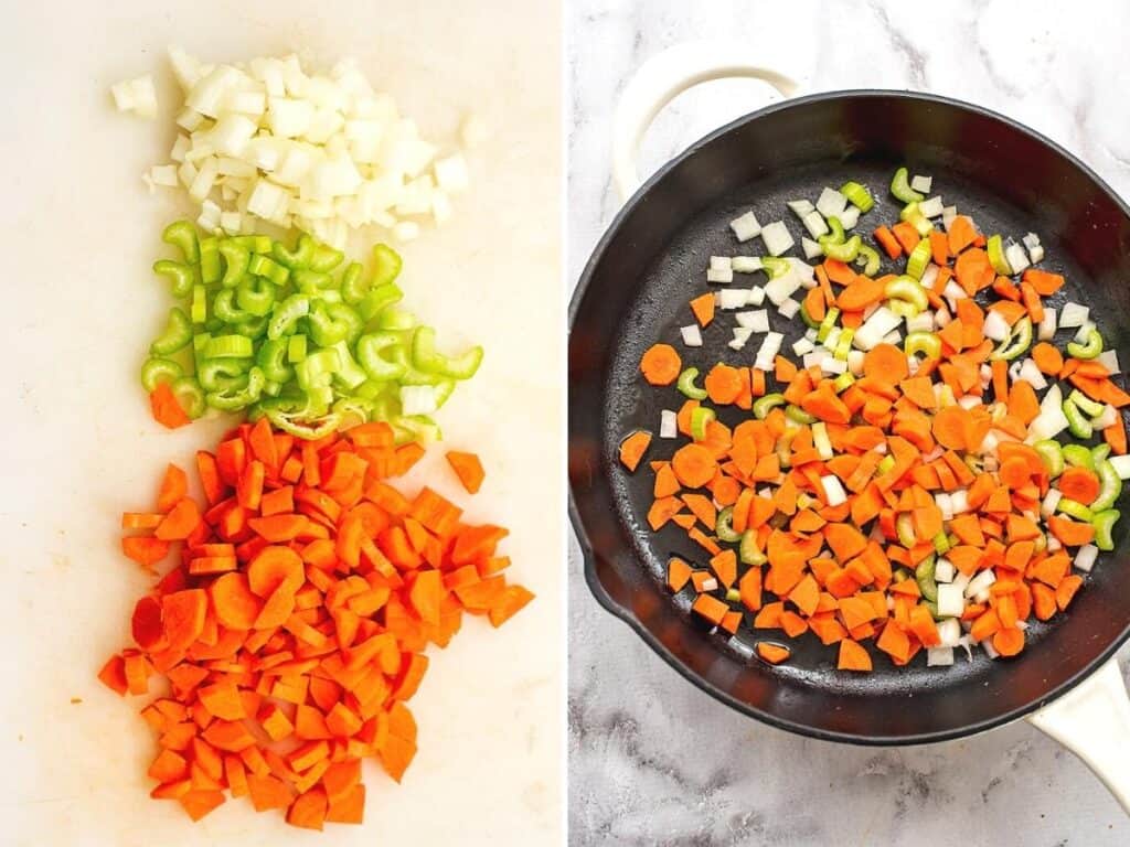 Chopped veggies on a cutting board and added to a skillet.