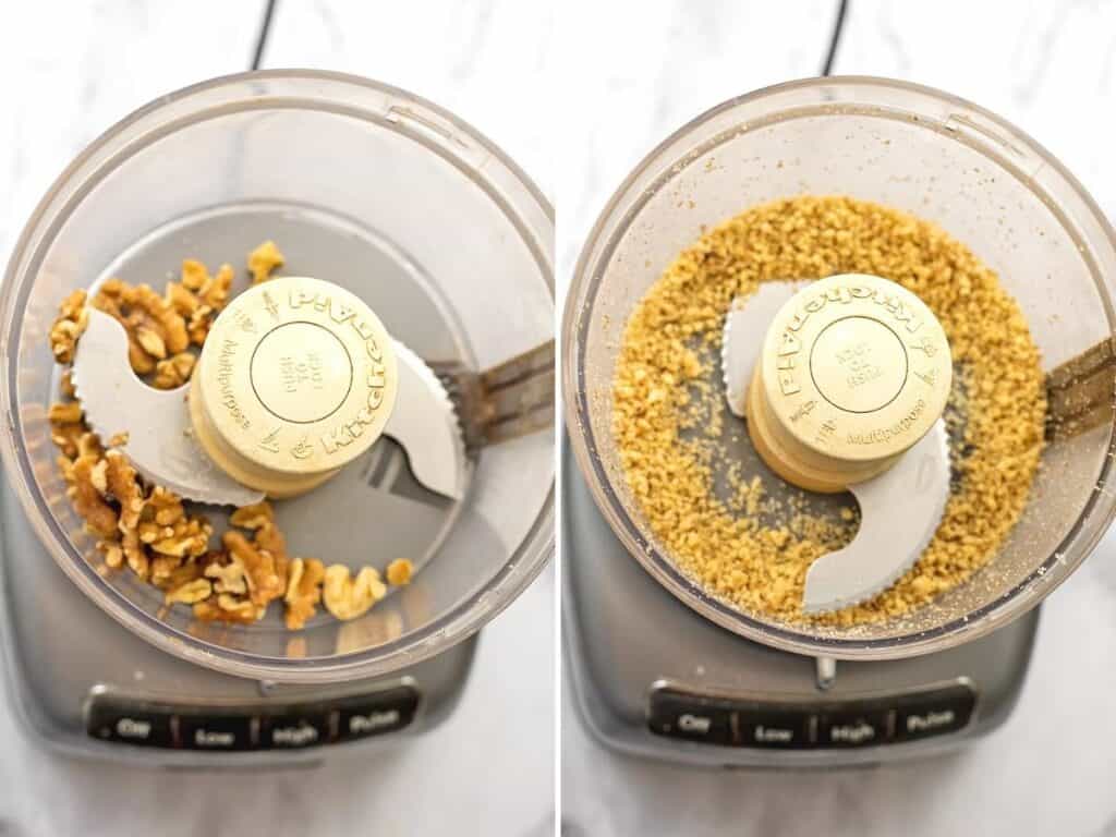 Before and after chopping walnuts in food processor.