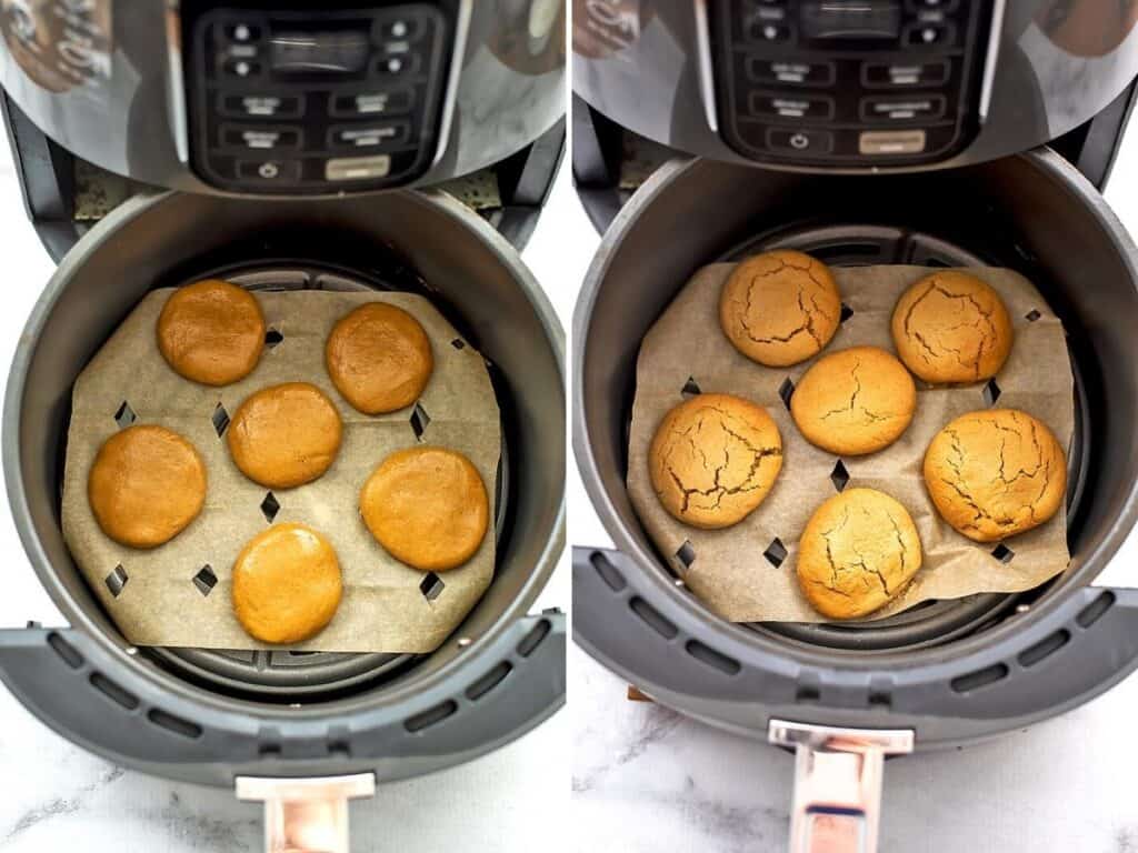 Before and after baking peanut butter cookies in air fryer.