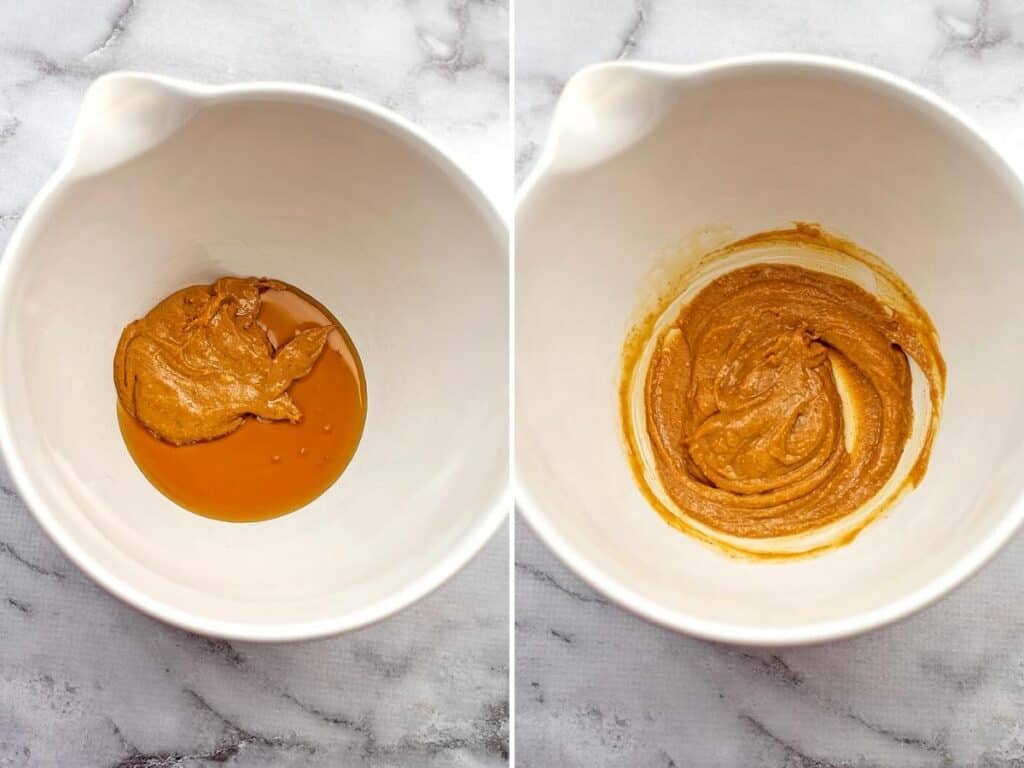 Maple syrup and peanut butter in bowl before and after mixing.