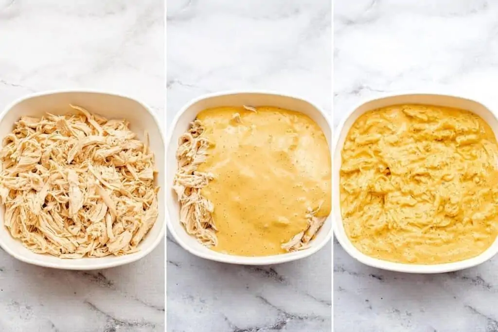 Steps on how to make creamy buffalo chicken dip.