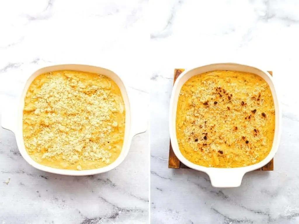 Breadcrumbs on top of buffalo chicken dip before and after broiling.
