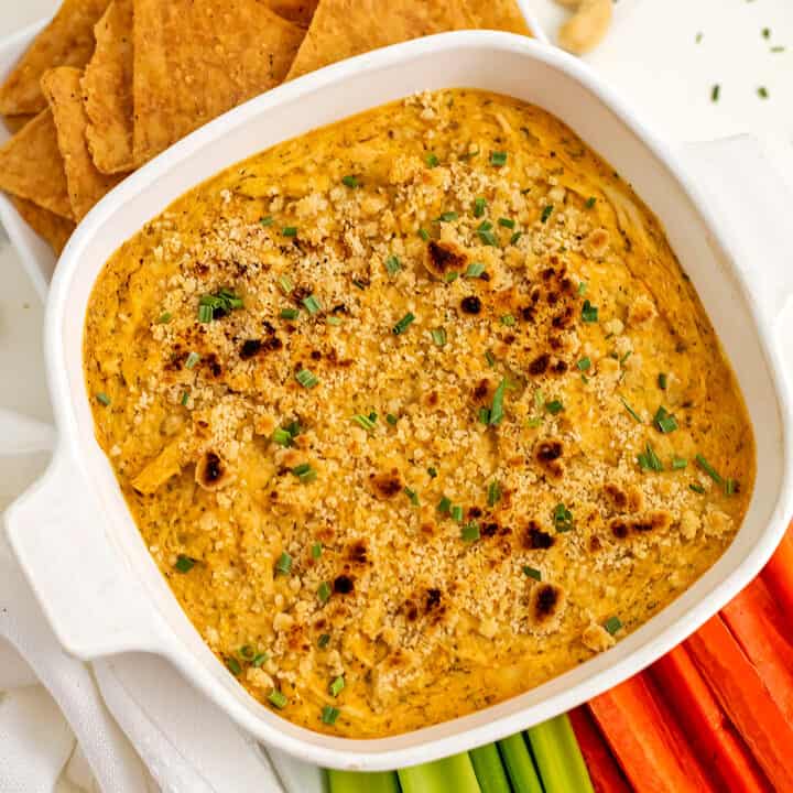 Casserole dish filled with dairy free buffalo chicken dip.