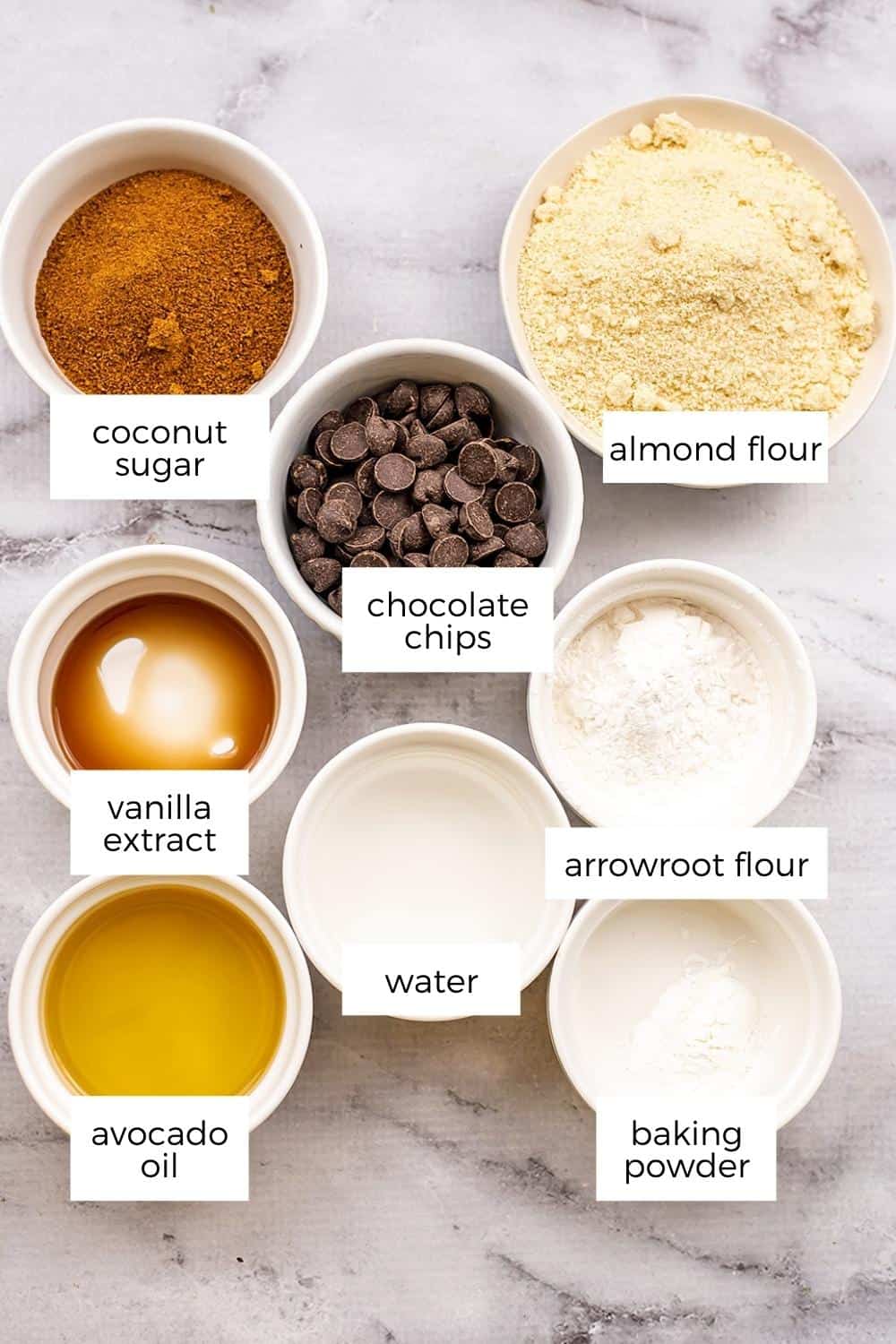 Ingredients to make double chocolate chip cookies.