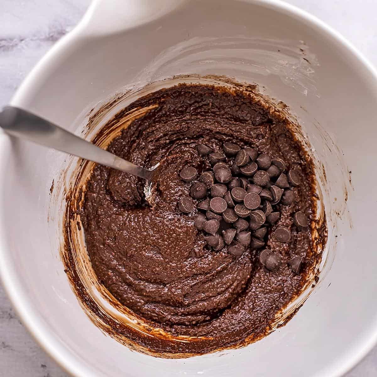 Chocolate chips in chocolate cookie dough.