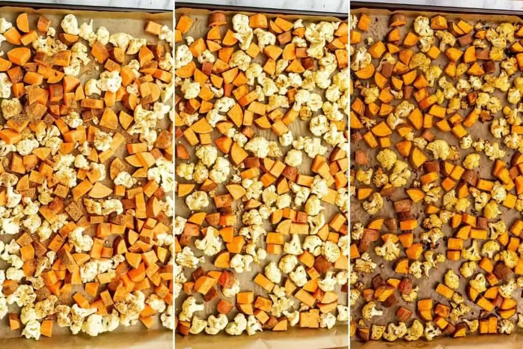 Steps to add seasoning to cauliflower and sweet potatoes.