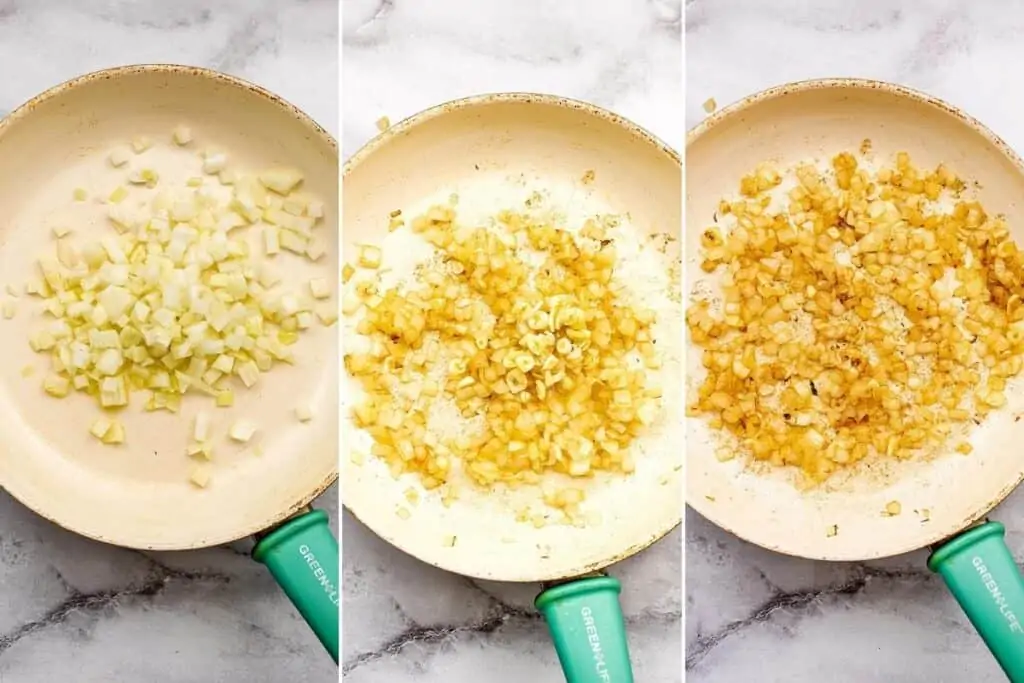 Steps on how to make sauteed onions and garlic.