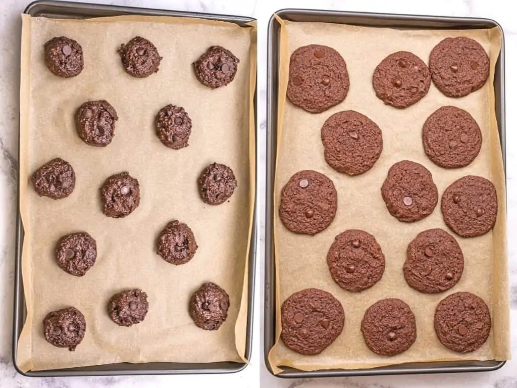 Double chocolate chip cookies before and after baking.