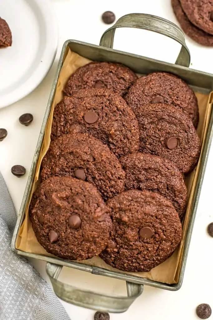 Double chocolate chip cookies in a silver tray.