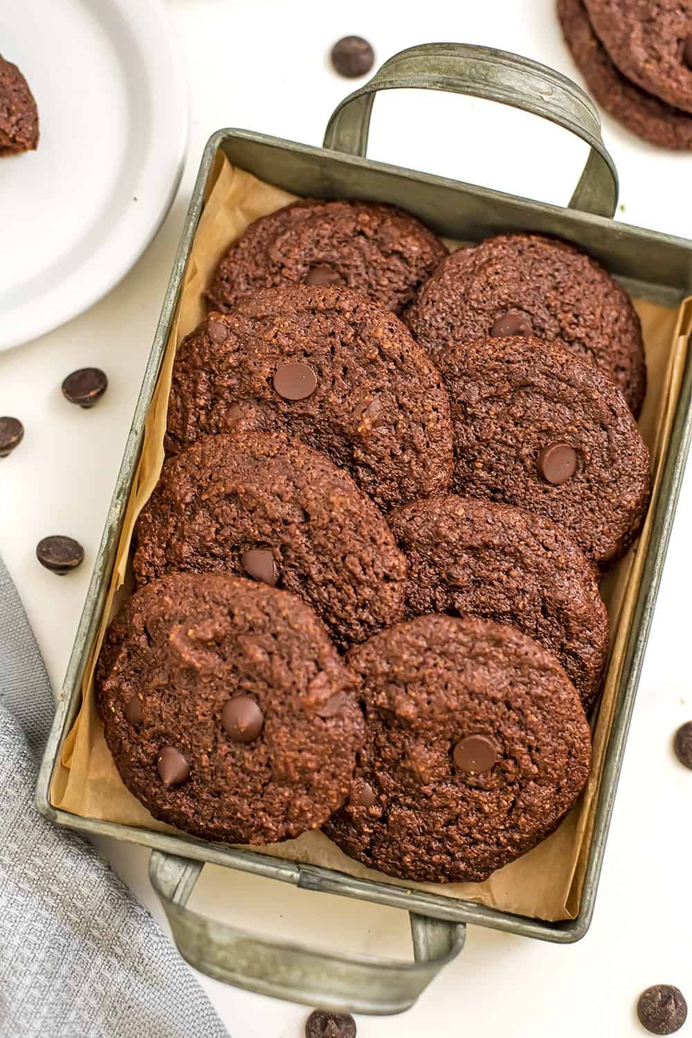 Double chocolate chip cookies in a silver tray.