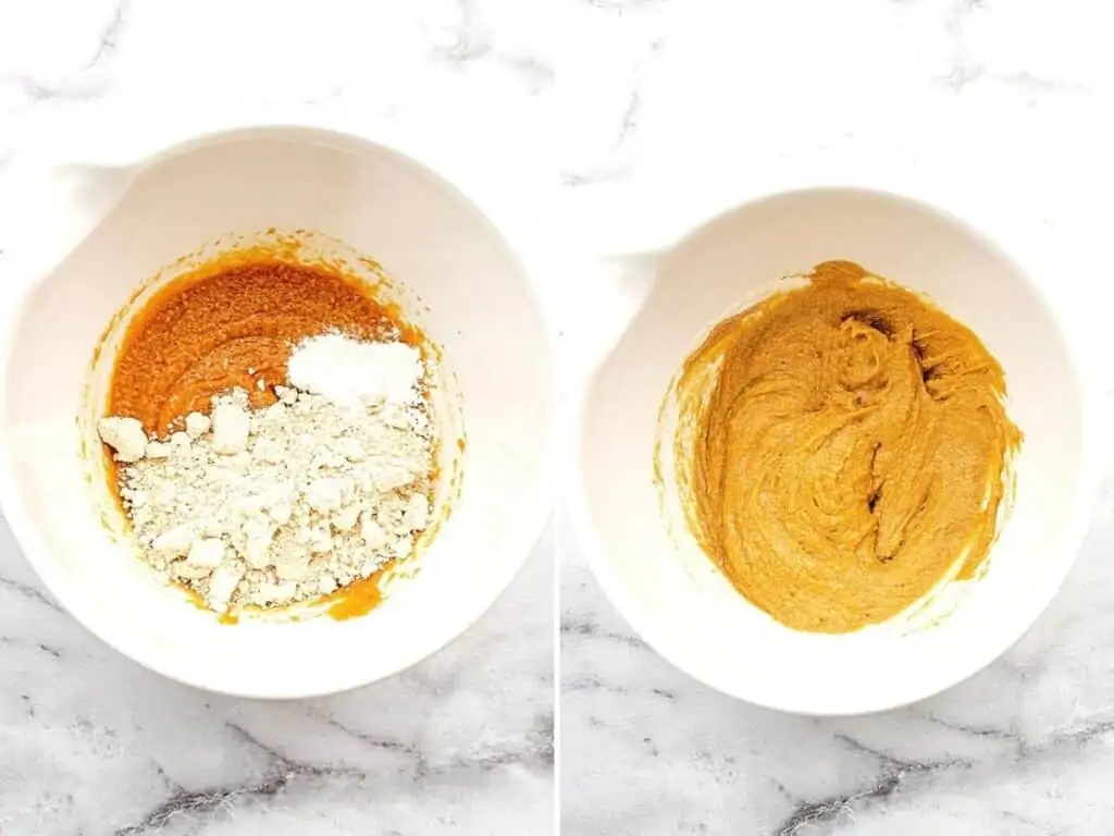 Before and after adding dry ingredients to cookie dough.