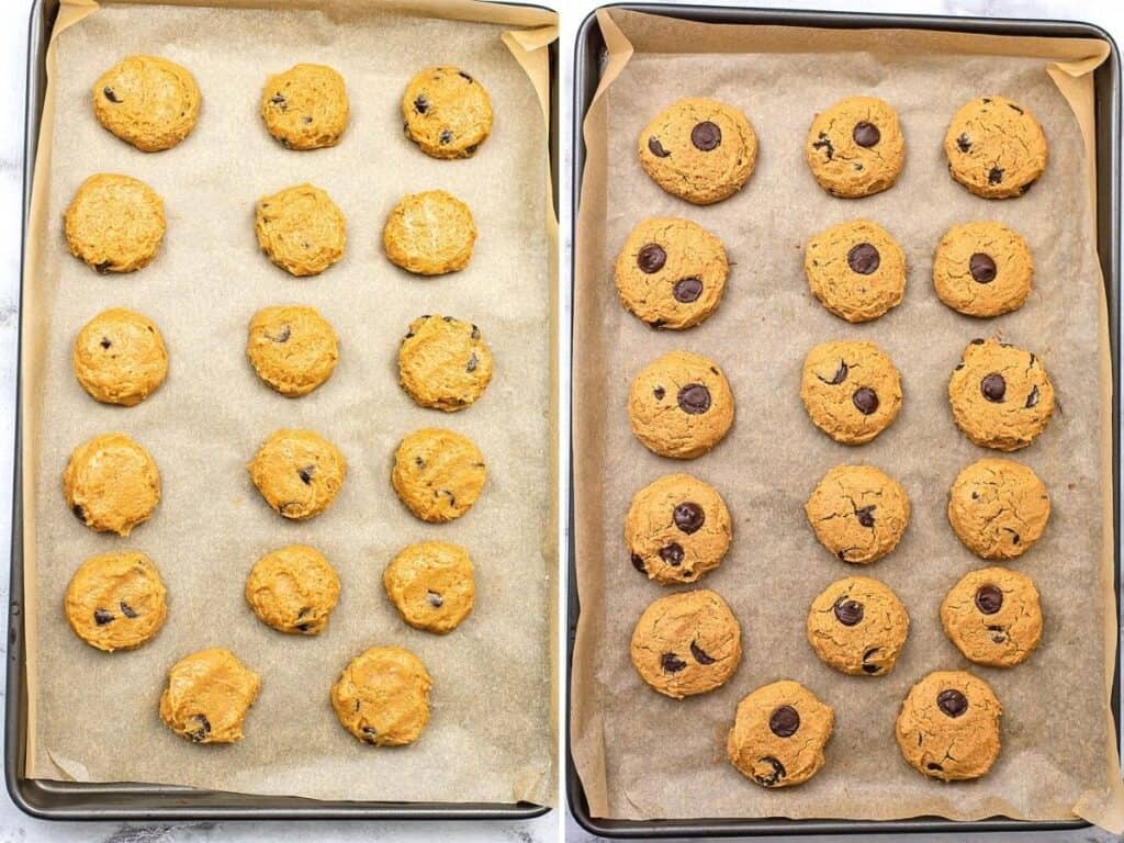 Peanut butter chocolate chip cookies on baking sheet before and after baking.