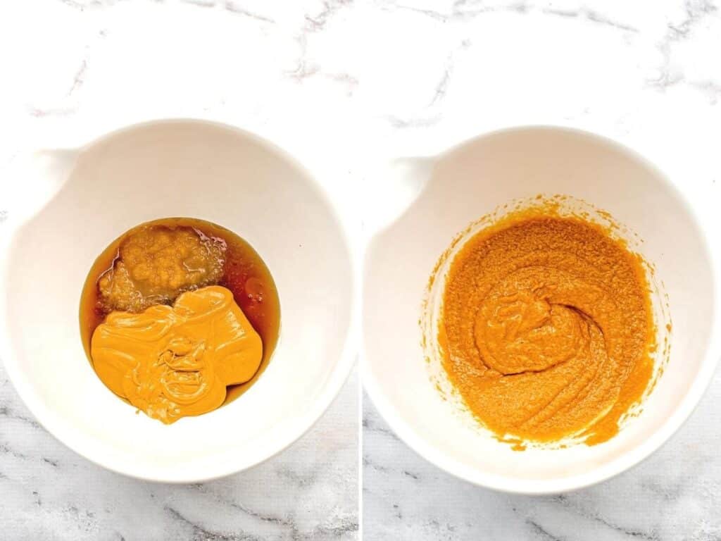 Wet ingredients for peanut butter cookies in bowl before and after stirring.