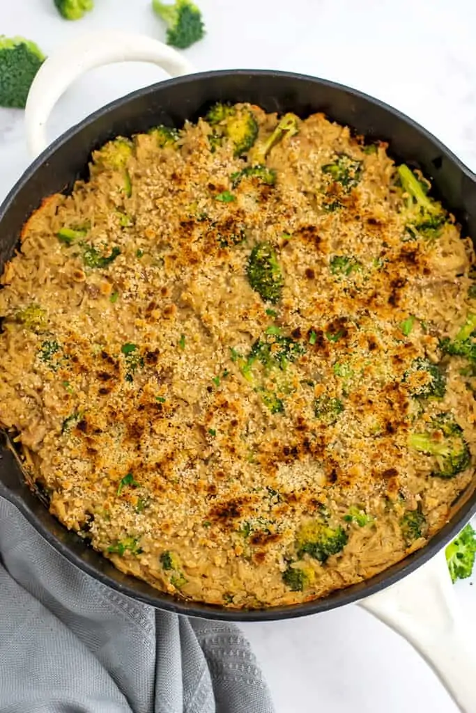Dairy free chicken and rice casserole in skillet.